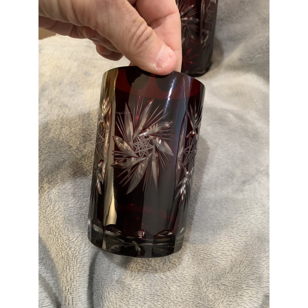 SET OF 4 RUBY RED BOHEMIAN CRYSTAL CUT TO CLEAR WHISKEY TUMBLER BAR GLASSES - Picture 14 of 14
